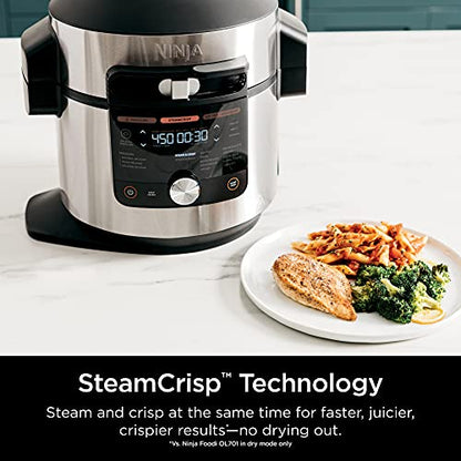 Ninja OL701 Foodi 14 in 1 SMART XL 8 Qt. Pressure Cooker Steam Fryer with SmartLid & Thermometer Auto Steam Release, that Air Fries, Proofs & More, 3 Layer Capacity, 5 Qt. Crisp Basket, Silver/Black