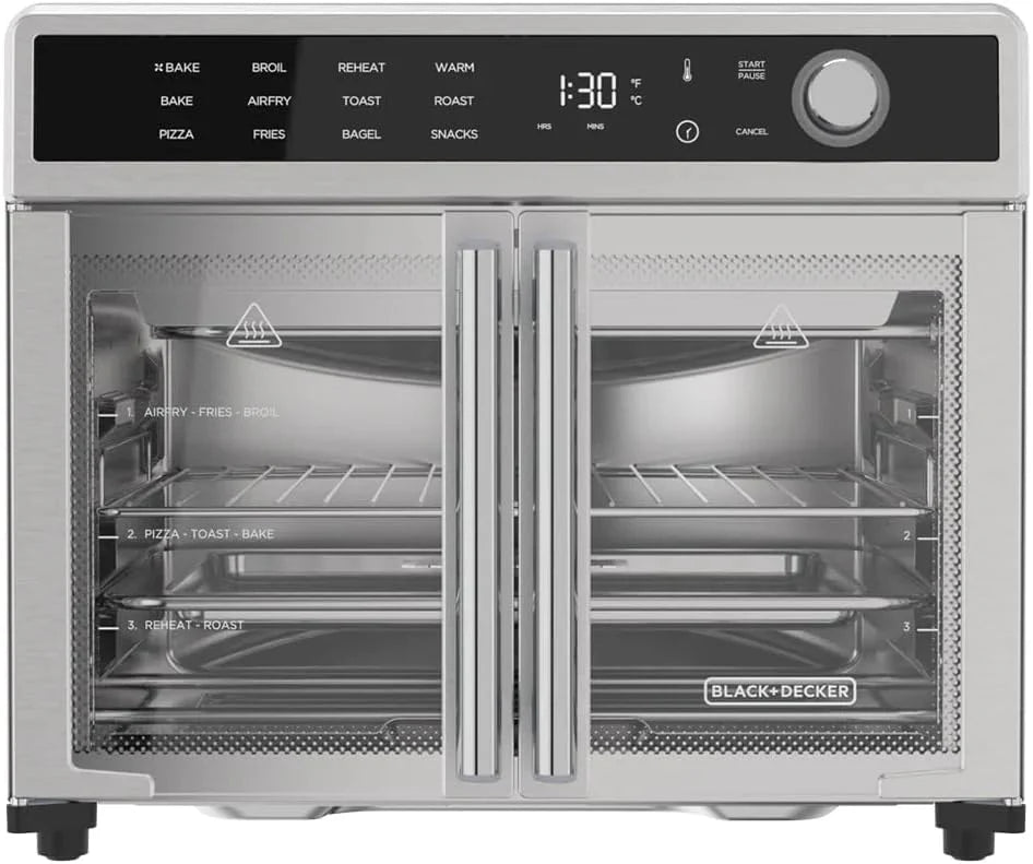Crisp 'N Bake Air Fryer Toaster Oven Combo, 12 in 1 Countertop Convection Oven Cooks Food Fast, Fits a Whole Pizza or 6 Toast Slices, French Doors with Stainless Steel Finish