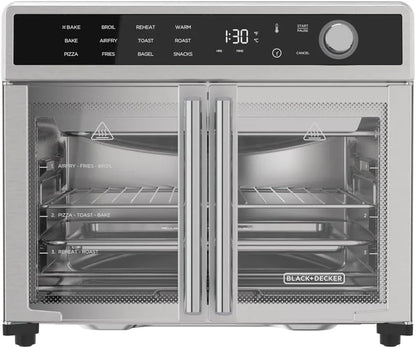 Crisp 'N Bake Air Fryer Toaster Oven Combo, 12 in 1 Countertop Convection Oven Cooks Food Fast, Fits a Whole Pizza or 6 Toast Slices, French Doors with Stainless Steel Finish