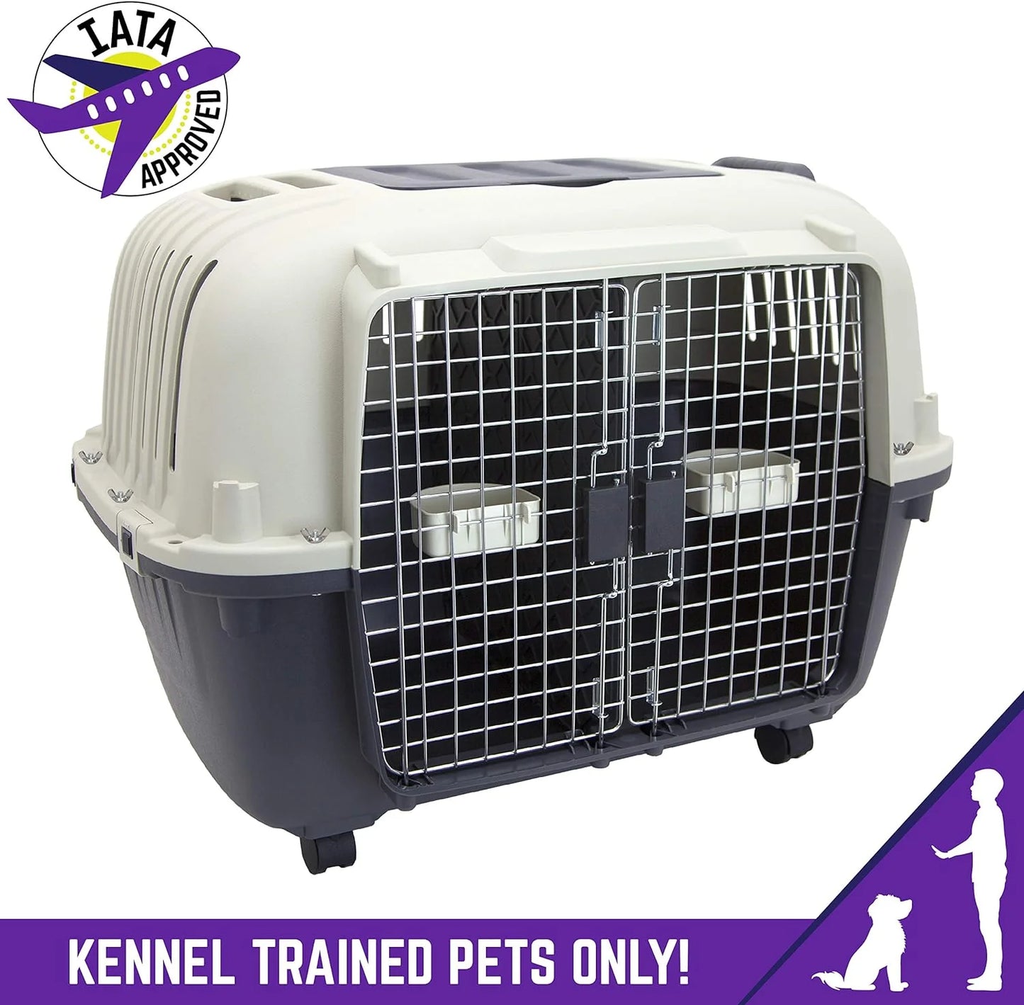 Designs Plastic Kennels Rolling Plastic Airline Approved Wire Door Travel Dog Crate, XXX-Large, Gray