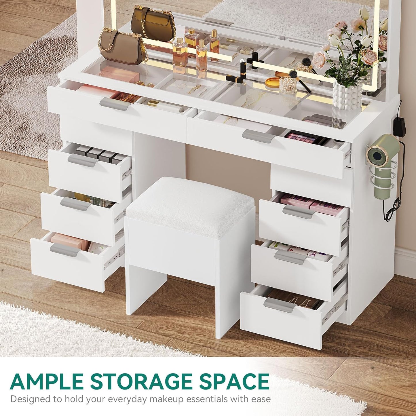YITAHOME Vanity Set with LED Mirror, 10 Drawers, Stool Included