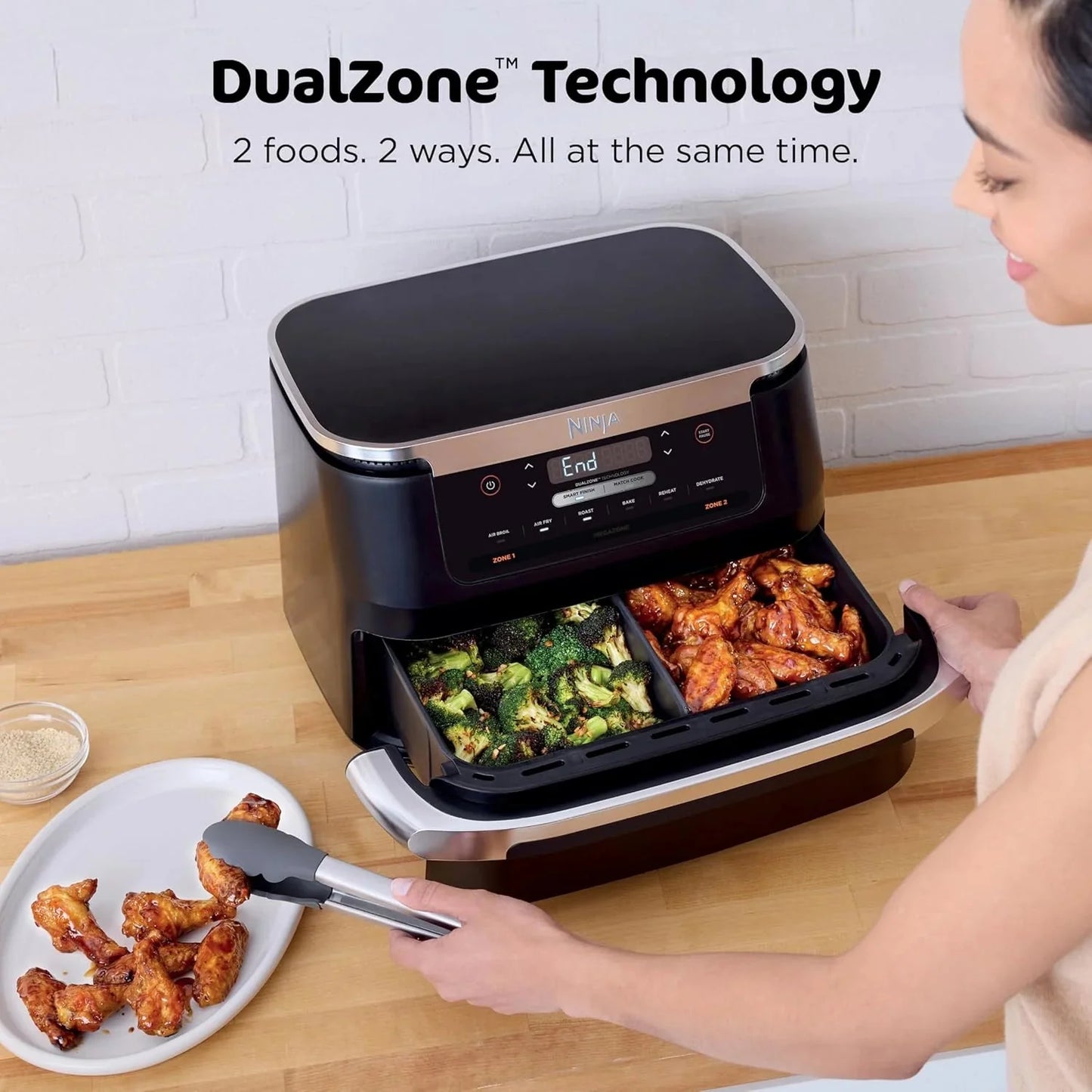 Ninja Foodi 10QT 6-in-1 DualZone Smart XL Air Fryer, 2 Independent 5QT Baskets, Smart Cook Thermometer, Match Cook, Smart Finish, Air Fry, Roast, Bake, Dehydrate, Reheat, Grey, DZ550