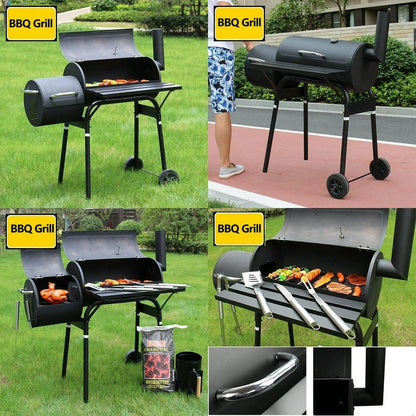 Vebreda Portable Charcoal BBQ Grill with Offset Smoker, Steel, Black, Thermometer, Wheels