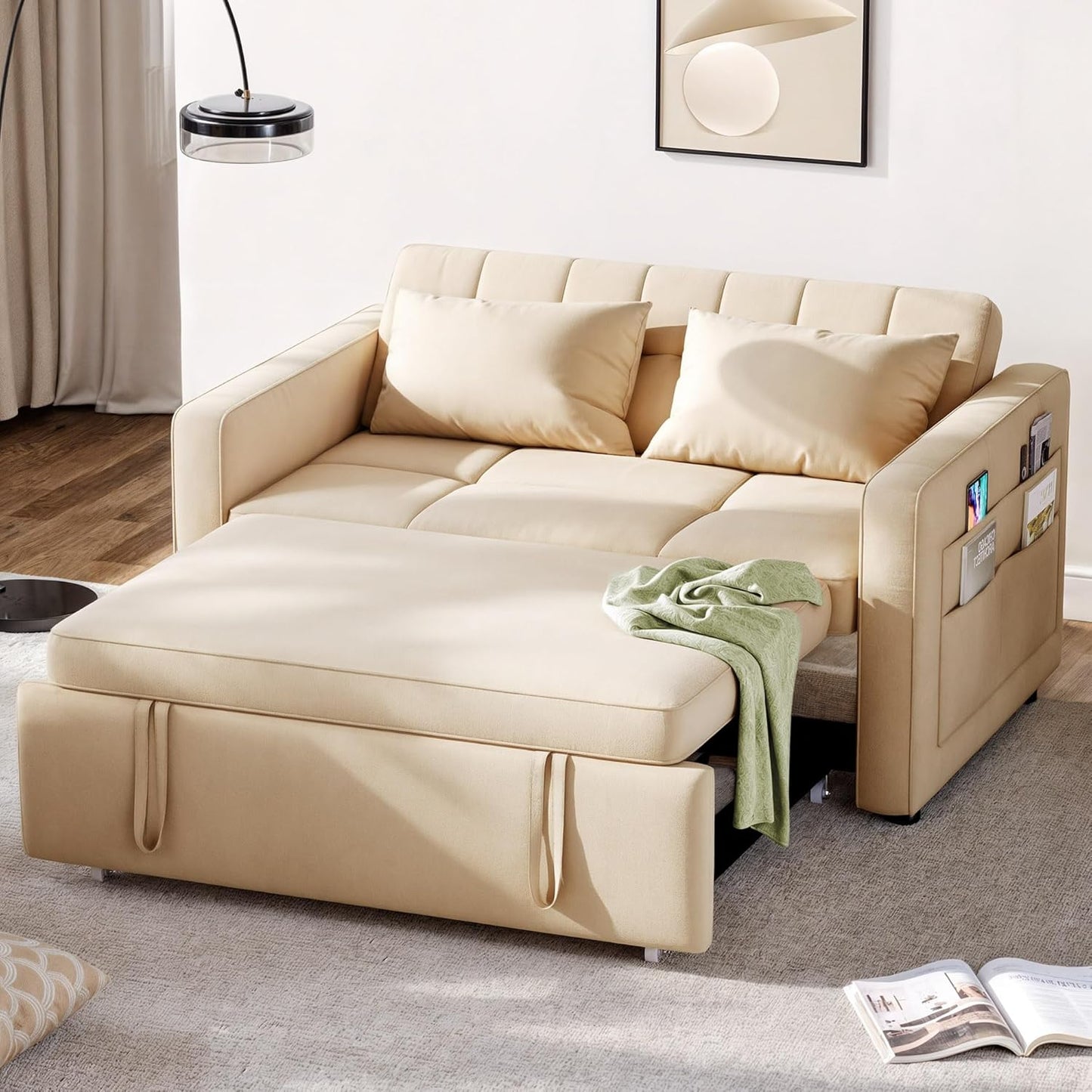 DWVO 3-in-1 Convertible Sofa Bed, 55" Sleeper Sofa with Pull-Out Bed, Cat-Scratch-Proof Fabric Futon Couch with Adjustable Backrest and Side Pocket, Loveseat for Living Room Apartment, Grey