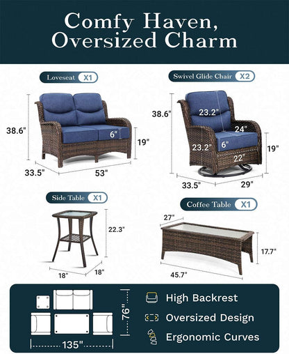 Outdoor Swivel Rocker Patio Chairs with 6-Inch Thick Cushions and Side Table, 3PCS High Back Wicker Patio Furniture Set for Porch, Balcony, Deck and Yard in Blue