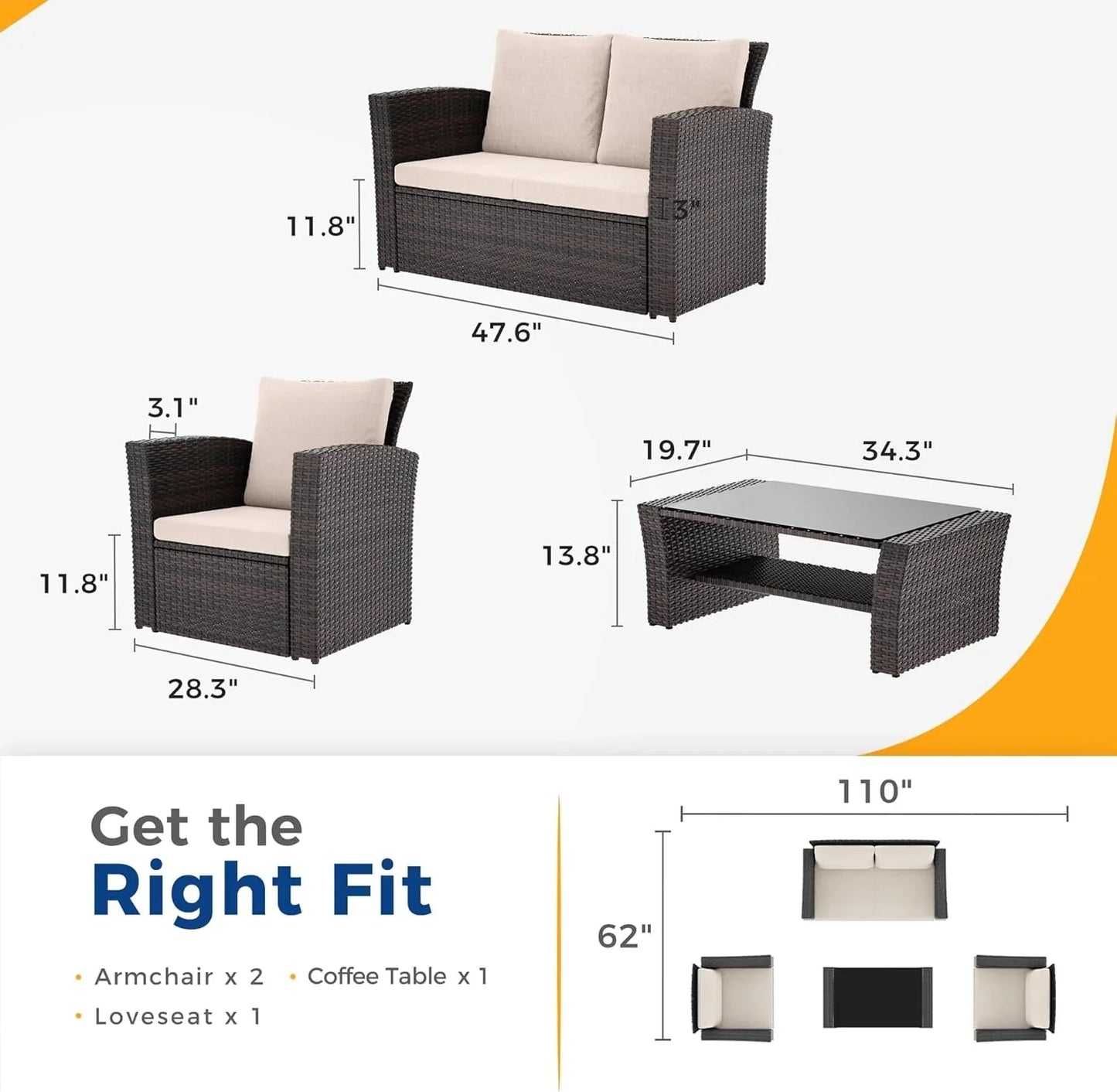 Wisteria Lane 4 Piece Outdoor Patio Furniture Sets, Wicker Conversation Set for Porch Deck, Grey Rattan Sofa Chair with Cushion Blue