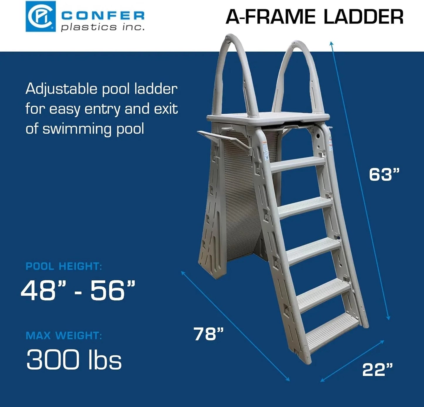 Confer Plastics 7200 Roll Guard 48" to 56" Adjustable A Frame Safety Ladder for Above Ground Outdoor Patio Swimming Pool Platform Ladder with Step Barrier, Warm Grey…