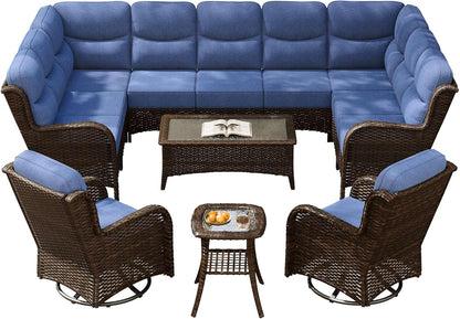 Outdoor Swivel Rocker Patio Chairs with 6-Inch Thick Cushions and Side Table, 3PCS High Back Wicker Patio Furniture Set for Porch, Balcony, Deck and Yard in Blue