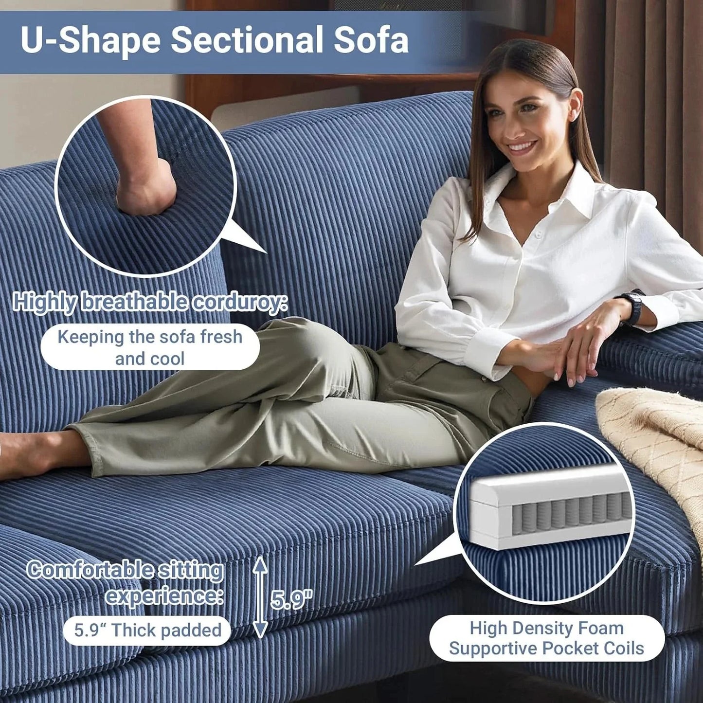VINGLI 110" Sectional Couches for Living Room,U Shaped Couch with Double Chaise, 4-Seat Sofa Set with Chenille Fabric for Home Furniture,Beige