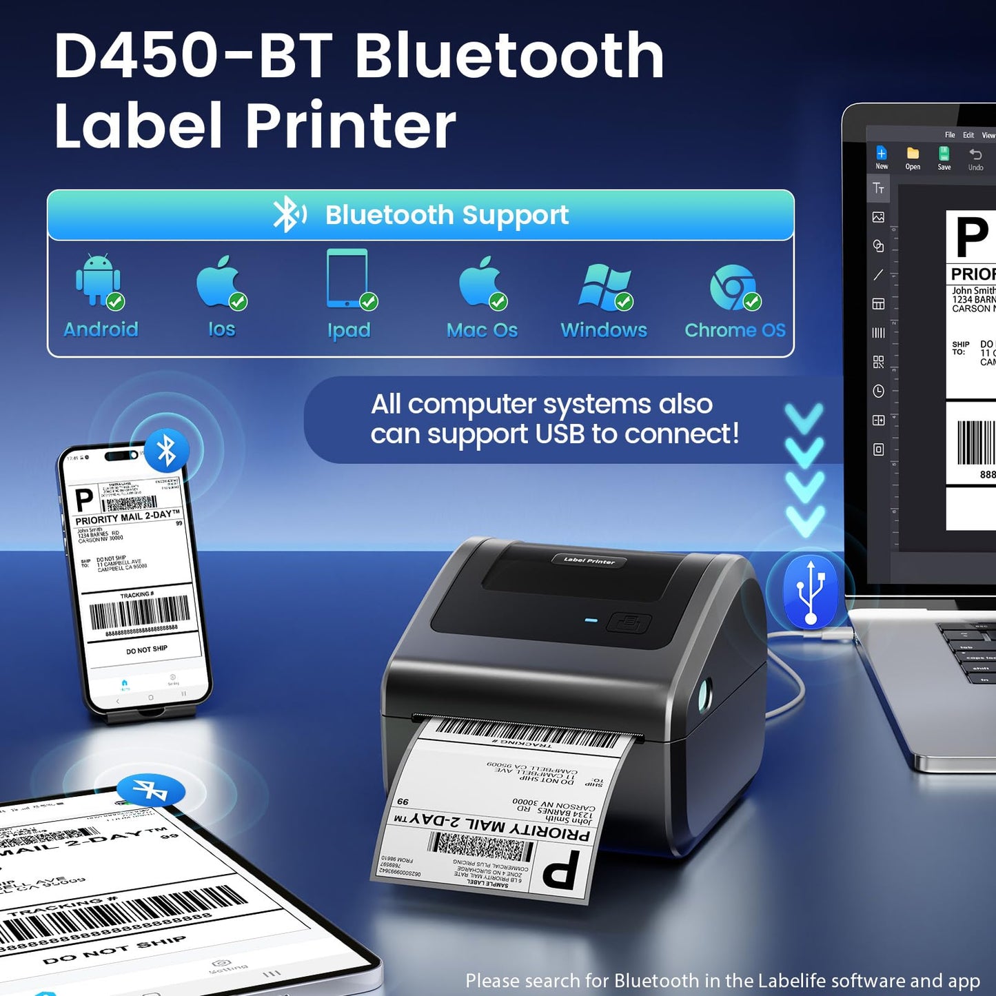 OMEZIZY Bluetooth Shipping Label Printer D450BT 4x6