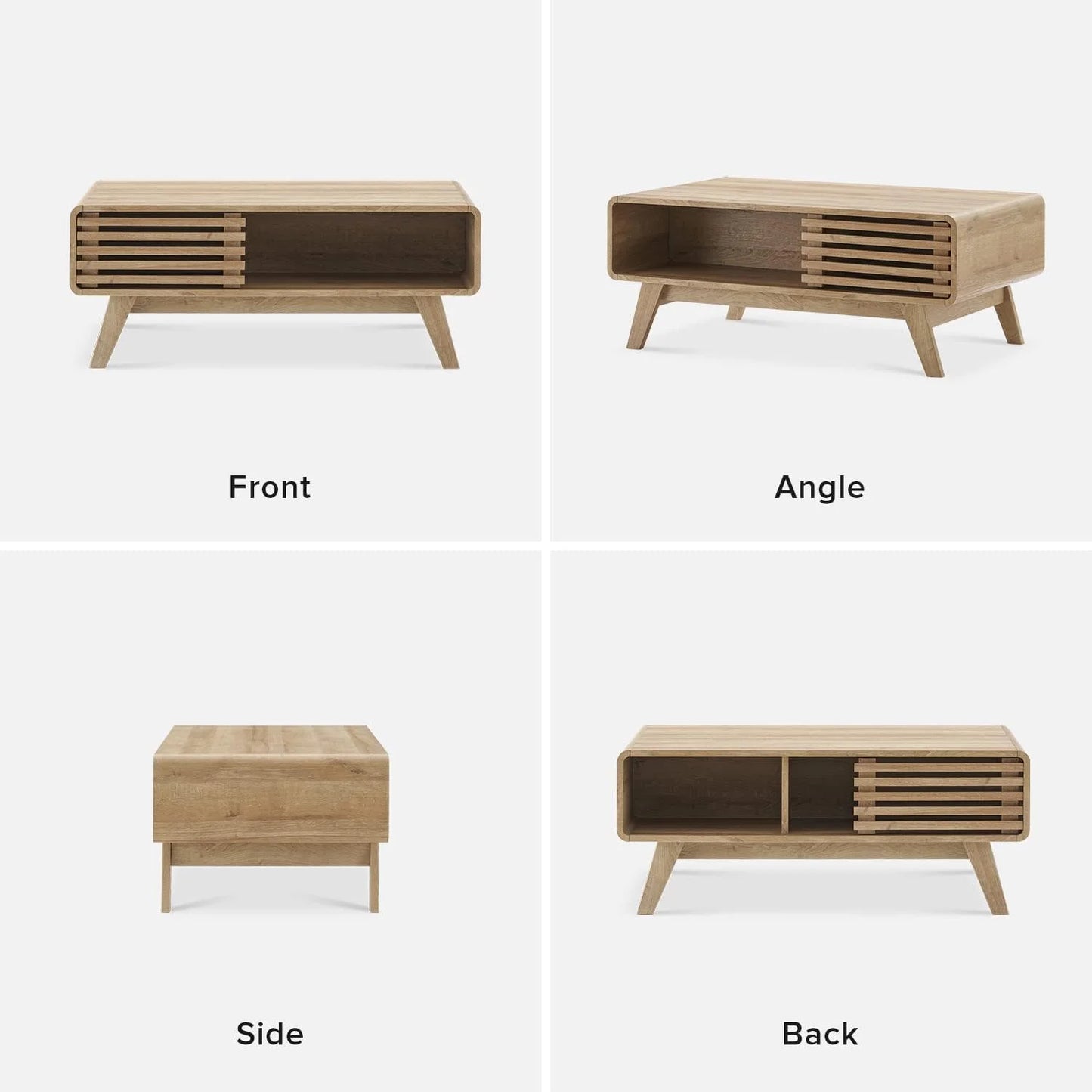 Mopio Ensley Mid Century Modern Rectangle Coffee Table with Dual Storage Shelf, Wood Slat Sliding Door, & Rounded Edge Protection for Living Room, Walnut Grain