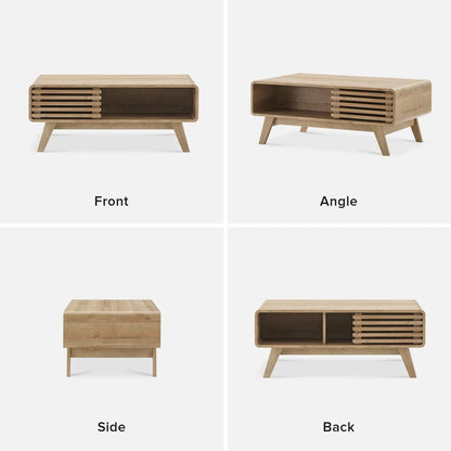 Mopio Ensley Mid Century Modern Rectangle Coffee Table with Dual Storage Shelf, Wood Slat Sliding Door, & Rounded Edge Protection for Living Room, Walnut Grain