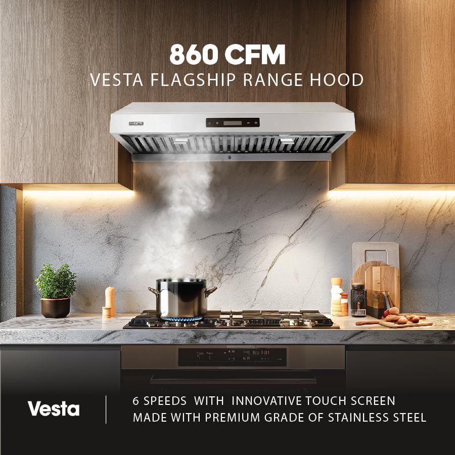 Powerful 30 Inch Under Cabinet Range Hood With Seamless Stainless Steel Body, Twin Turbo Motors, 3 Speed Touch Screen, Round Vent, Baffle Filters, LED Lights, Oil Collector