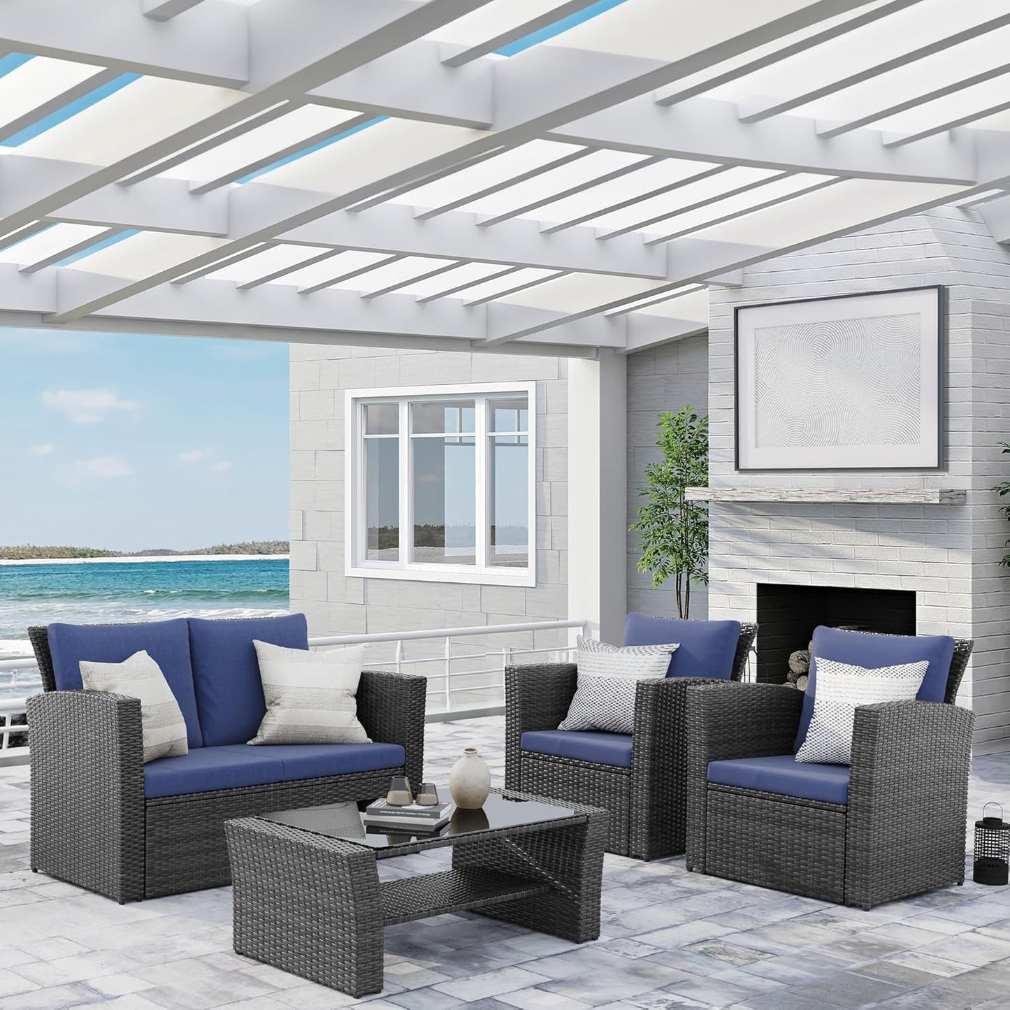 Wisteria Lane 4 Piece Outdoor Patio Furniture Sets, Wicker Conversation Set for Porch Deck, Grey Rattan Sofa Chair with Cushion Blue