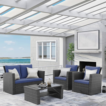 Wisteria Lane 4 Piece Outdoor Patio Furniture Sets, Wicker Conversation Set for Porch Deck, Grey Rattan Sofa Chair with Cushion Blue