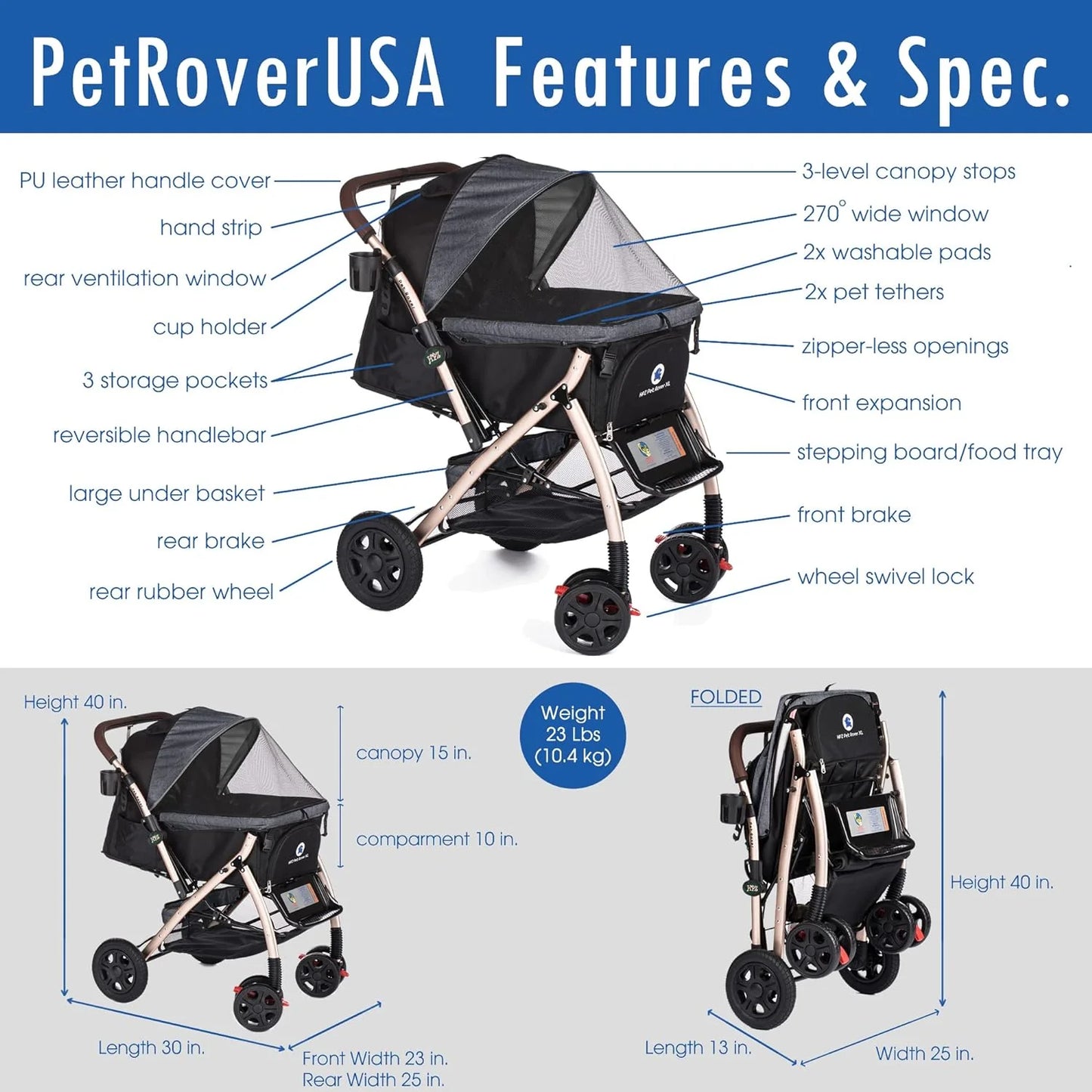 Pet Rover Premium Heavy Duty DogCat Stroller Travel Carriage CompartmentZipperless EntryPump-Free Rubber Tires Small, Medium, Large Pets (Black 2nd-Gen.), X-Large (Pack of 1)