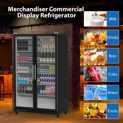 Commercial Refrigerator, Glass Door with LED Lighting – Upright Beverage Display Cooler for Home, Store, Gym, or Office, Featuring Double Swing Doors and 39 cu.ft