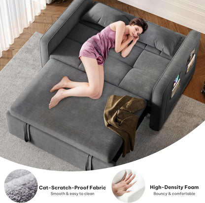 DWVO 3-in-1 Convertible Sofa Bed, 55" Sleeper Sofa with Pull-Out Bed, Cat-Scratch-Proof Fabric Futon Couch with Adjustable Backrest and Side Pocket, Loveseat for Living Room Apartment, Grey