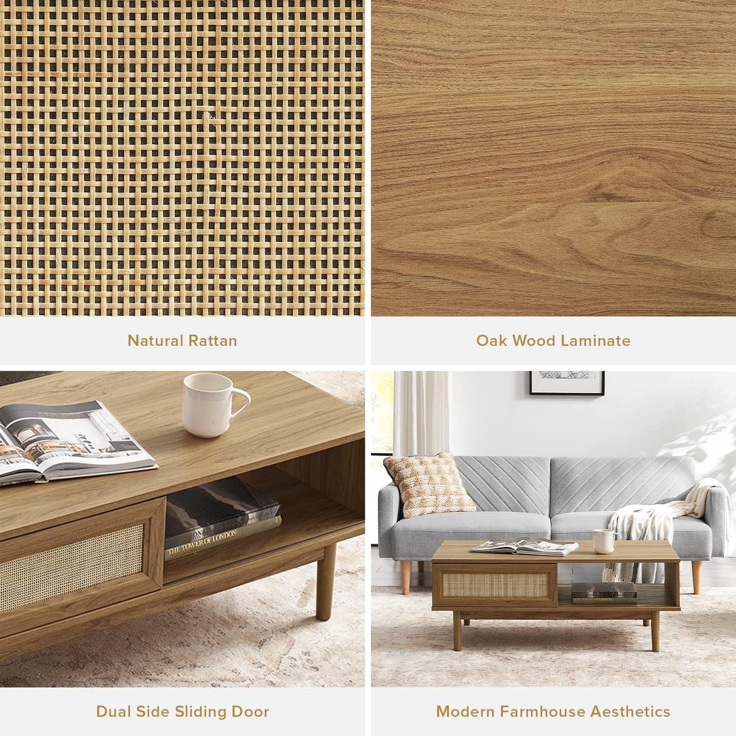 Mopio Ensley Mid Century Modern Rectangle Coffee Table with Dual Storage Shelf, Wood Slat Sliding Door, & Rounded Edge Protection for Living Room, Walnut Grain