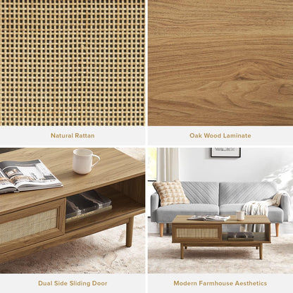 Mopio Ensley Mid Century Modern Rectangle Coffee Table with Dual Storage Shelf, Wood Slat Sliding Door, & Rounded Edge Protection for Living Room, Walnut Grain