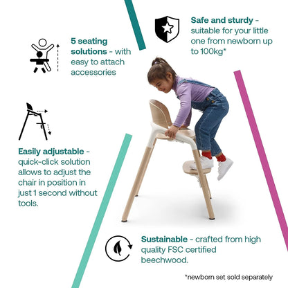 Wooden Baby High Chair, Adjustable in 1 Second, Easy to Clean, Safe and Ergonomic Highchair, Suitable from Birth in Combination with Newborn Set (Sold Separately), Black