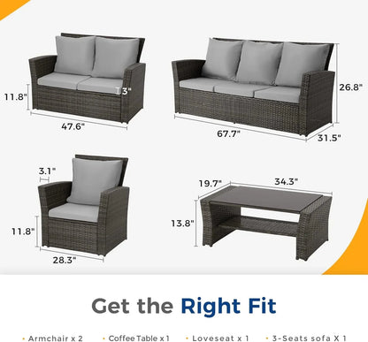 Wisteria Lane 4 Piece Outdoor Patio Furniture Sets, Wicker Conversation Set for Porch Deck, Grey Rattan Sofa Chair with Cushion Blue