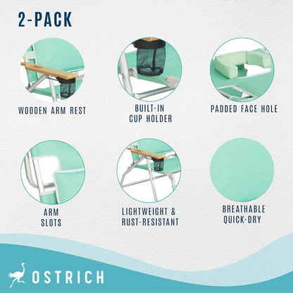 Deluxe 3 in 1 Beach Chair with Face Opening - Portable, Reclining Lounger for Tanning - Face Hole for Reading on Stomach - Padded Footrest, Removable Pillow - Aluminum