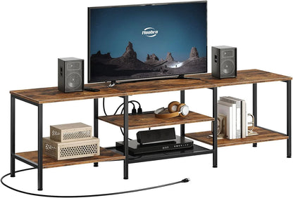 TV Stand with Power Outlets to 75 Inches, TV Console Table with Open Storage Shelves Cabinet, Industrial Media Entertainment Center for Living Room Bedroom, Rustic Brown and Black BF60DS01