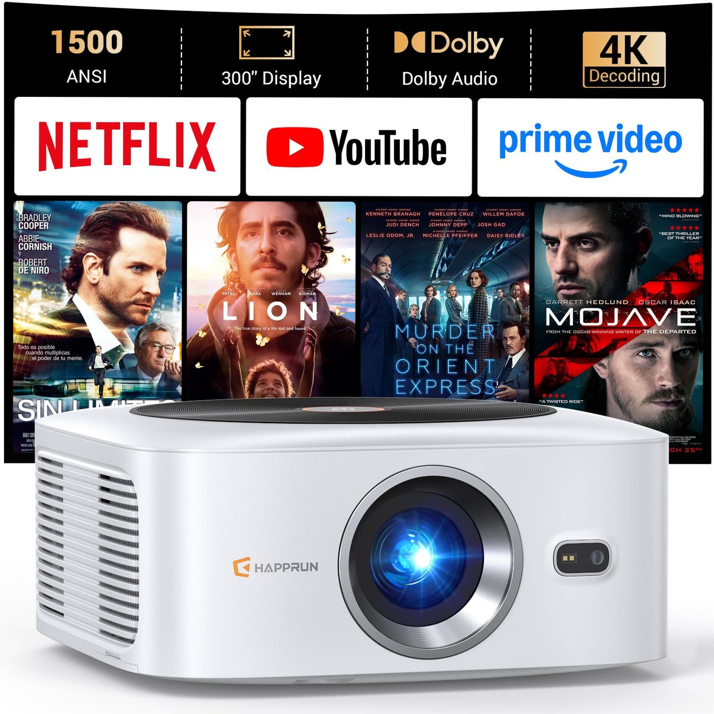 HAPPRUN 1500 ANSI Lumens Smart Outdoor Projector, 4K Resolution