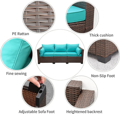 WAROOM Patio Couch PE Wicker 3-Seat Outdoor Brown Rattan Sofa Deep Seating Furniture with Non-Slip Beige Cushion
