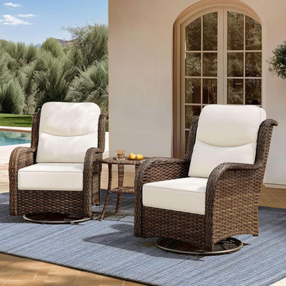 Outdoor Swivel Rocker Patio Chairs with 6-Inch Thick Cushions and Side Table, 3PCS High Back Wicker Patio Furniture Set for Porch, Balcony, Deck and Yard in Blue