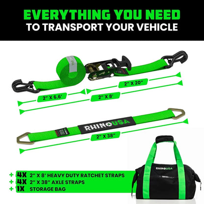 Car Tie Down Straps for Trailers with J Hooks (4-Pack) - 2 Inch x 8 Feet (10,000lb Break Strength) - Heavy Duty T-Handle Car Hauler Tire Straps for Trailer & UTV with Axle Straps - Black