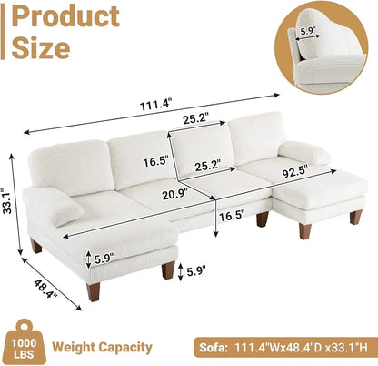 VINGLI 110" Sectional Couches for Living Room,U Shaped Couch with Double Chaise, 4-Seat Sofa Set with Chenille Fabric for Home Furniture,Beige