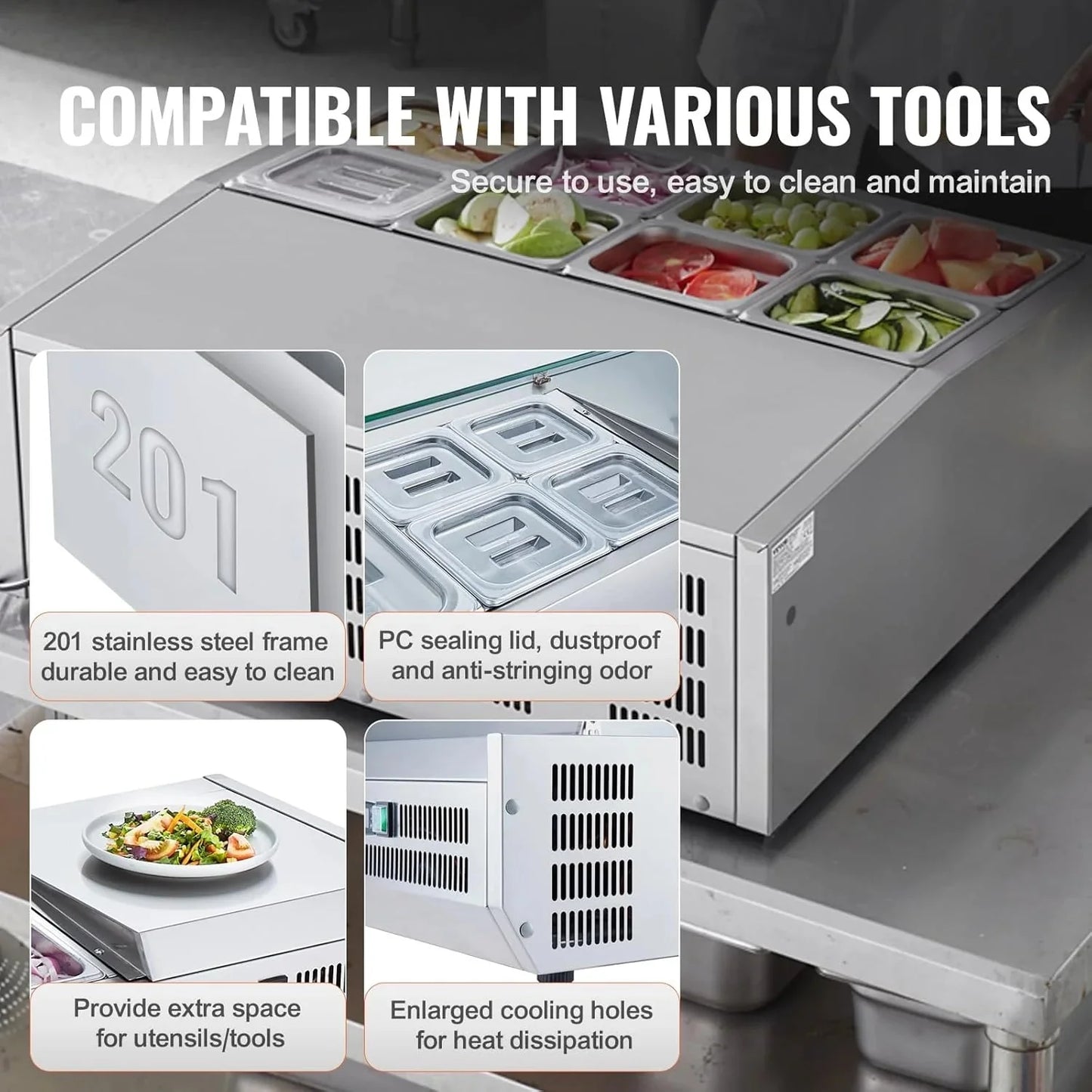 Refrigerated Condiment Prep Station, 135 W Countertop Refrigerated Condiment Station, with 2 1/3 Pans & 4 1/6 Pans, 304 Stainless Body and PC Lid, Sandwich Prep Table with Stainless Guard, ETL