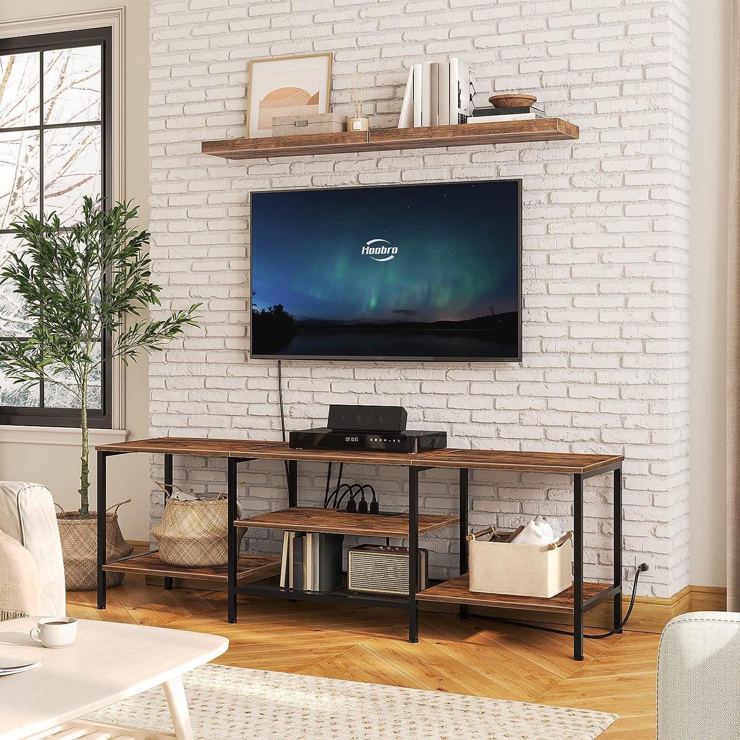 TV Stand with Power Outlets to 75 Inches, TV Console Table with Open Storage Shelves Cabinet, Industrial Media Entertainment Center for Living Room Bedroom, Rustic Brown and Black BF60DS01