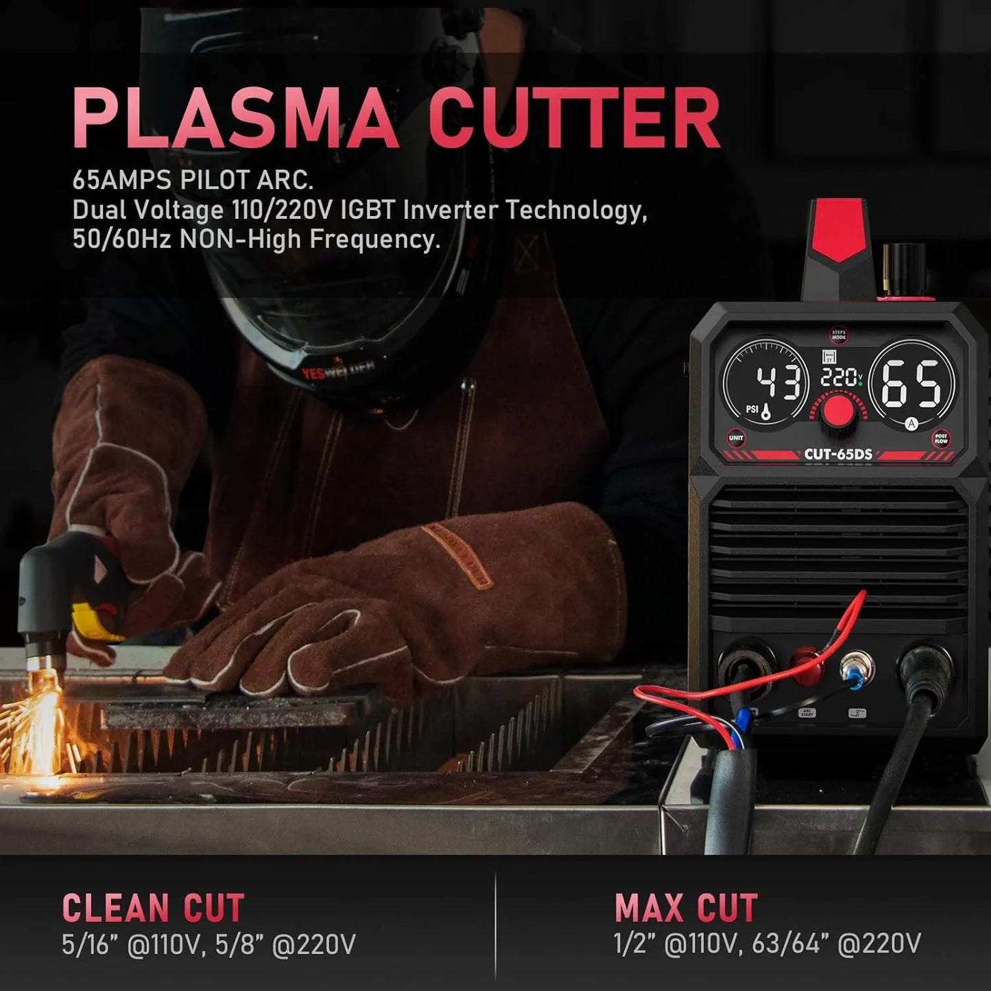 Plasma Cutting Machine 65Amp Non-High Frequency Non-Touch Arc Digital Screen Display DC Inverter 110/220V Dual Voltage Blowback Plasma Cutting Machine CUT-65DS