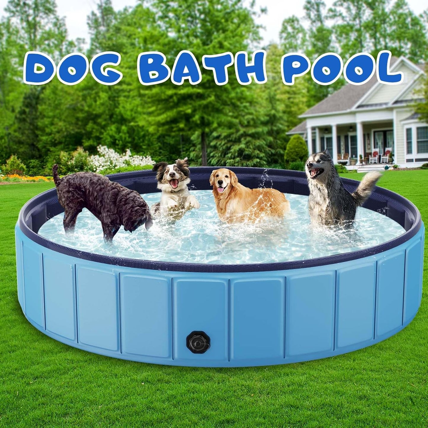 Foldable Dog Swimming Pool, 120"x20" Oversize Collapsable Hard Plastic Potable Bathing Tub for Pet Dog Kiddie Pool Indoor and Outdoor Leakproof PVC Play Pool for Large Dogs Pets Puppy Kids Blue