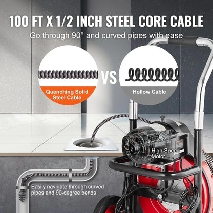 VEVOR Drain Cleaner Machine 100FT x 1/2 Inch, Auto Feed Sewer Snake Auger on Wheels, 550W Portable Drain Cleaning Machine with 8 Cutters & Air-activated Foot Switch for 2" to 4" Pipes