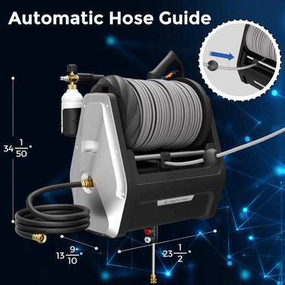 Pressure Washer, Electric Wall Mounted Power Washer with 100FT Retractable Hose, Soap Tank and 4-Nozzle Set, Dark Silver