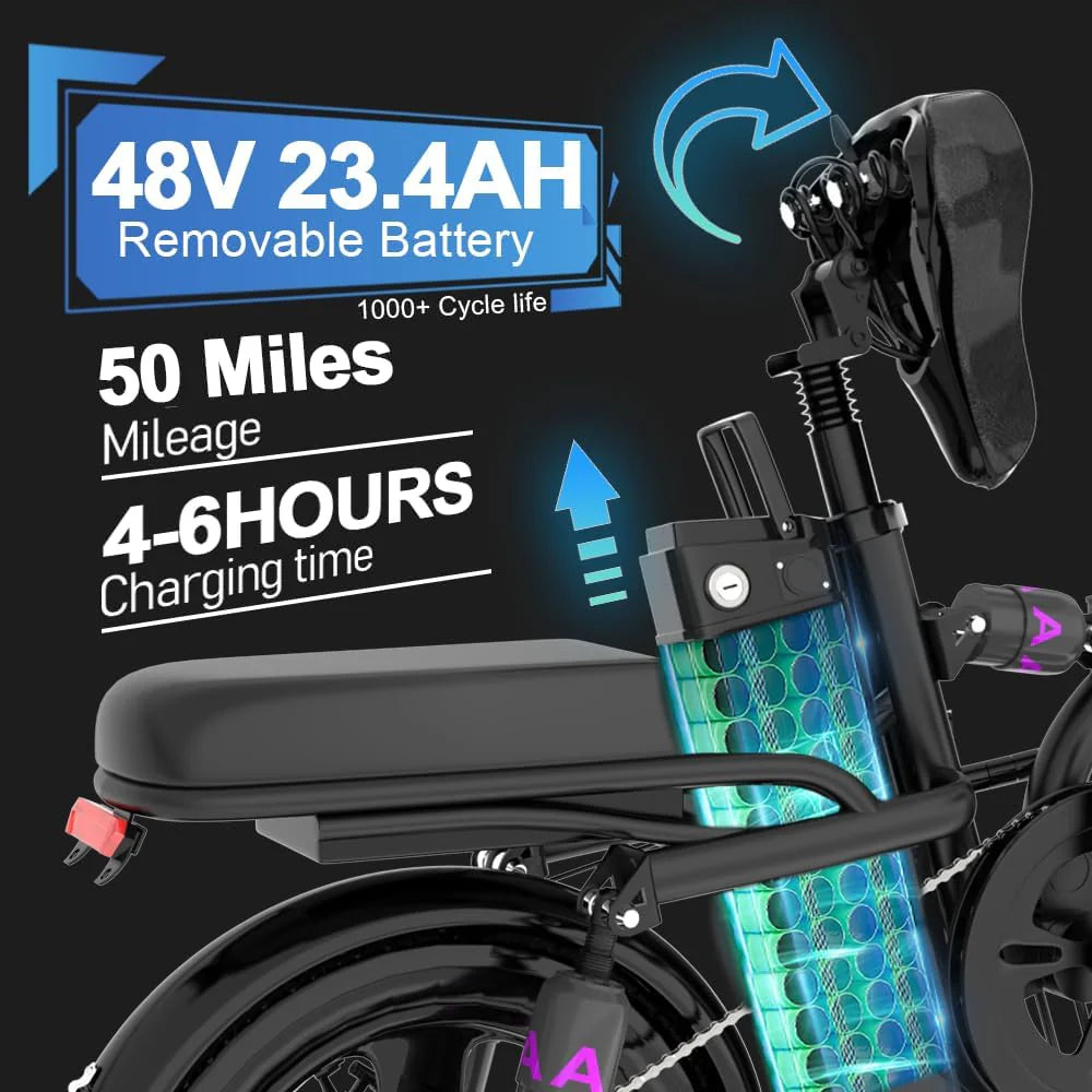 Folding Electric Bike for Adult 400W Brushless Motor Ebike with 48v30A 1440WH Removable Battery UP to 23Mph, 14" Fat Tire City Commuter Ebike,70Miles
