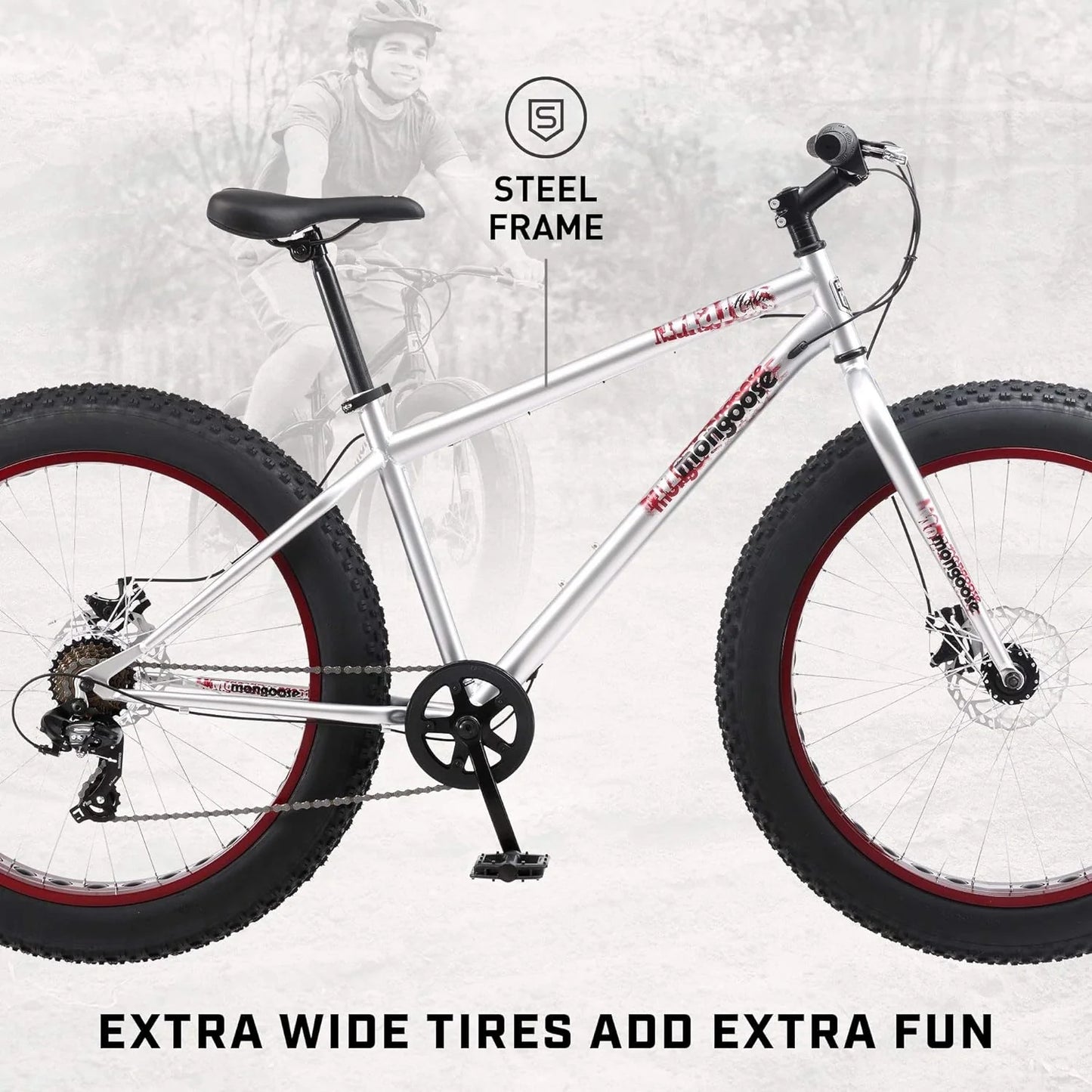 Mongoose Malus Mens and Women Fat Tire Mountain Bike, 26-Inch Bicycle Wheels, 4-Inch Wide Knobby Tires, Steel Frame, 7 Speed Drivetrain, Shimano Rear Derailleur, Disc Brakes