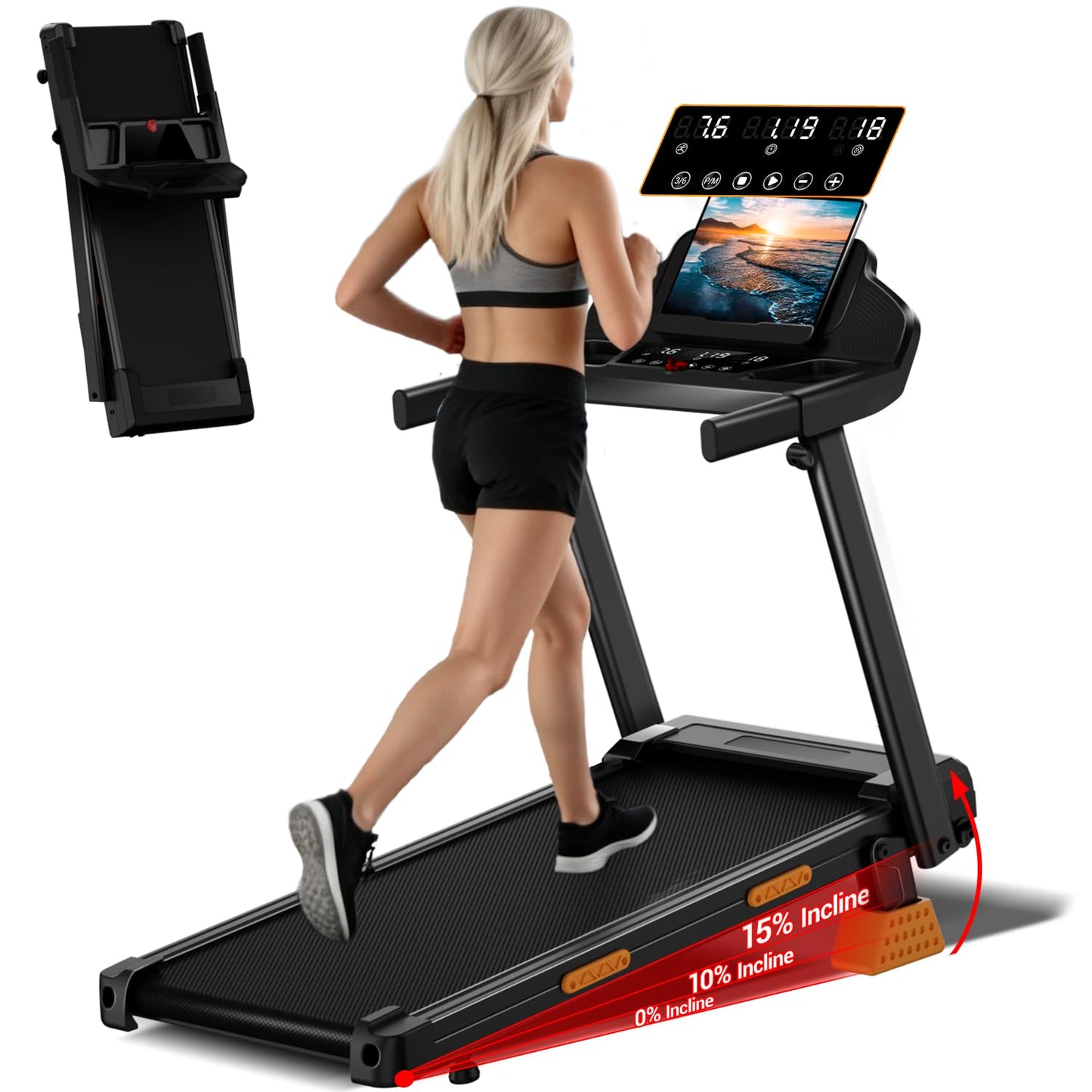 LONTEK Foldable Treadmill with 15% Incline & LED Screen