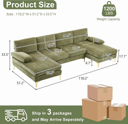 VINGLI 110" Sectional Couches for Living Room,U Shaped Couch with Double Chaise, 4-Seat Sofa Set with Chenille Fabric for Home Furniture,Beige