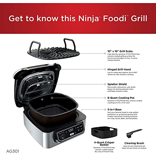 Ninja AG301 Foodi 5 in 1 Indoor Electric Grill with Air Fry, Roast, Bake & Dehydrate Programmable, Black/Silver: Home & Kitchen