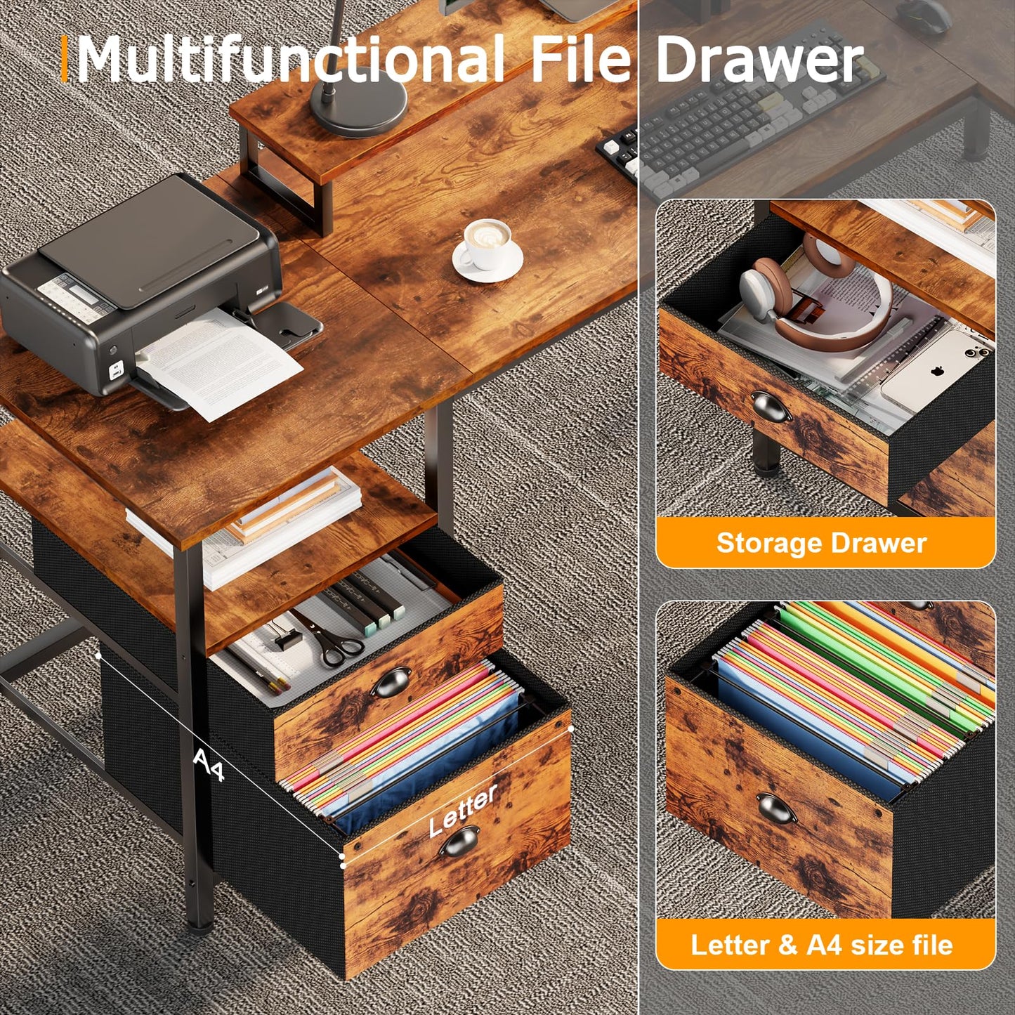 FUROLOGEE 66” L Shaped Desk with Power Outlet & Storage Shelves