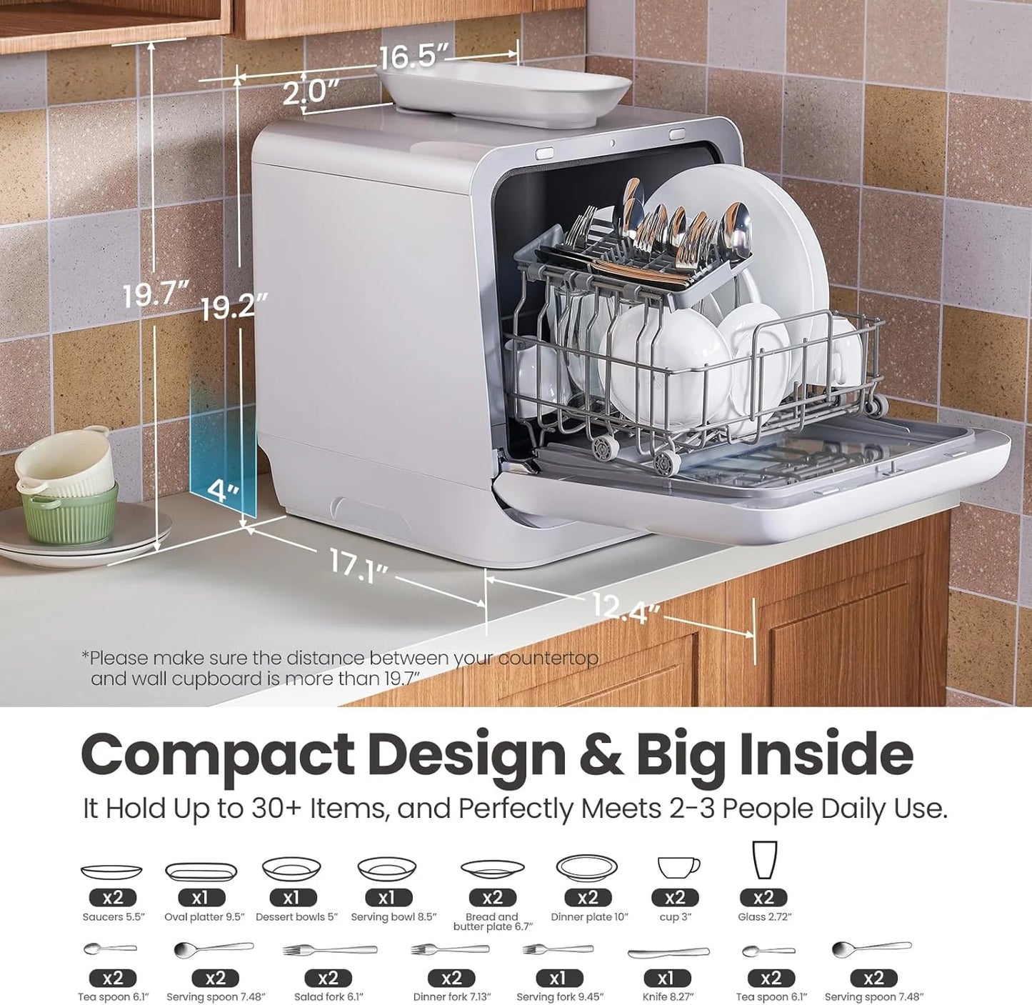 COMFEE' Portable Dishwasher Countertop with 5L Built-in Water Tank, No Hookup Needed, 6 Programs, 360° Dual Spray, 192℉ High-Temp& Air-Dry Function, Mini Dishwasher for RVs, White