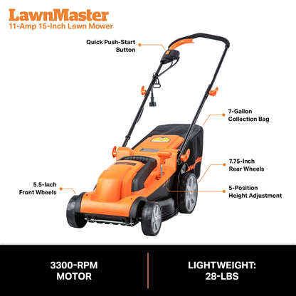 LAWNMASTER MEB1114K Electric Lawn Mower 15-Inch 11AMP