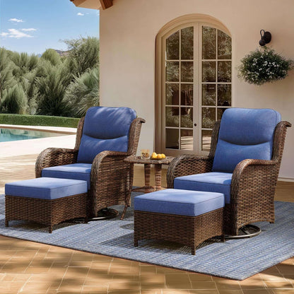 Outdoor Swivel Rocker Patio Chairs with 6-Inch Thick Cushions and Side Table, 3PCS High Back Wicker Patio Furniture Set for Porch, Balcony, Deck and Yard in Blue