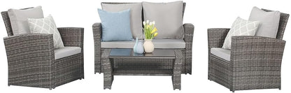 Wisteria Lane 4 Piece Outdoor Patio Furniture Sets, Wicker Conversation Set for Porch Deck, Grey Rattan Sofa Chair with Cushion Blue