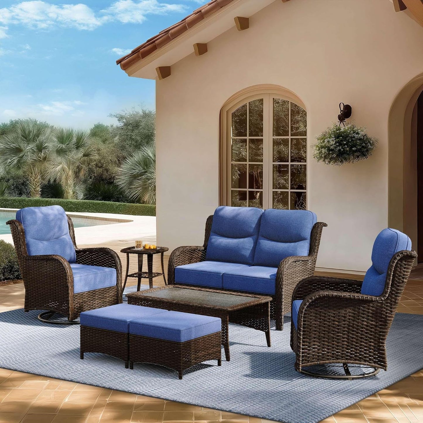 Outdoor Swivel Rocker Patio Chairs with 6-Inch Thick Cushions and Side Table, 3PCS High Back Wicker Patio Furniture Set for Porch, Balcony, Deck and Yard in Blue